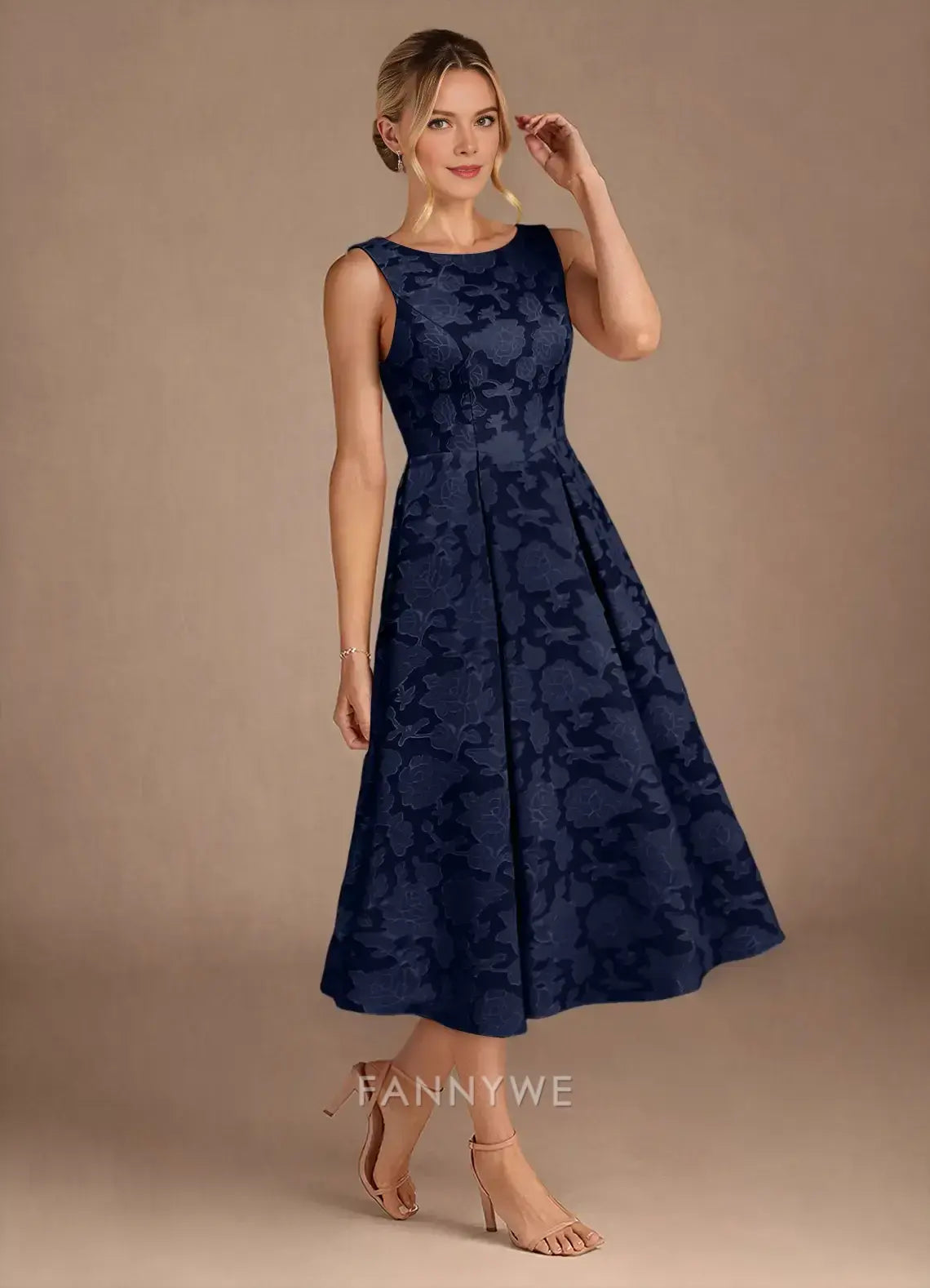 Elegant Sleeveless Floral Jacquard A-Line Midi Dress Mother of the Bride Dress