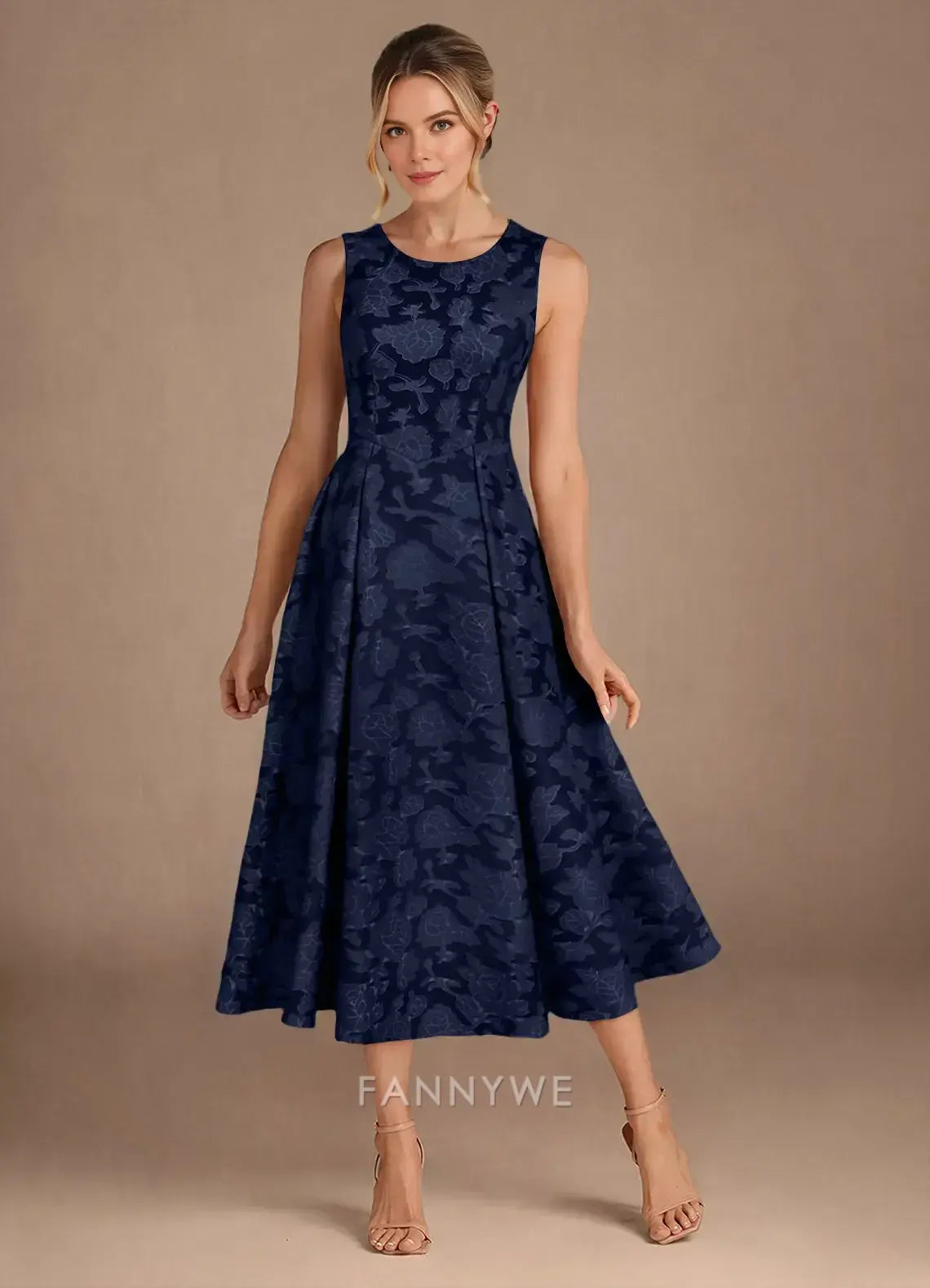 Elegant Sleeveless Floral Jacquard A-Line Midi Dress Mother of the Bride Dress