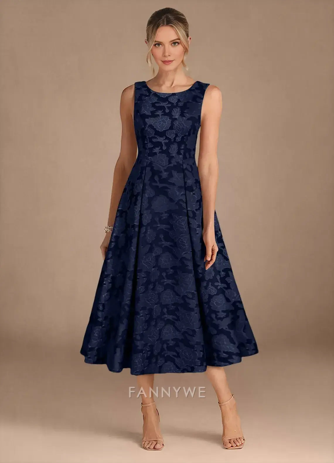 Elegant Sleeveless Floral Jacquard A-Line Midi Dress Mother of the Bride Dress