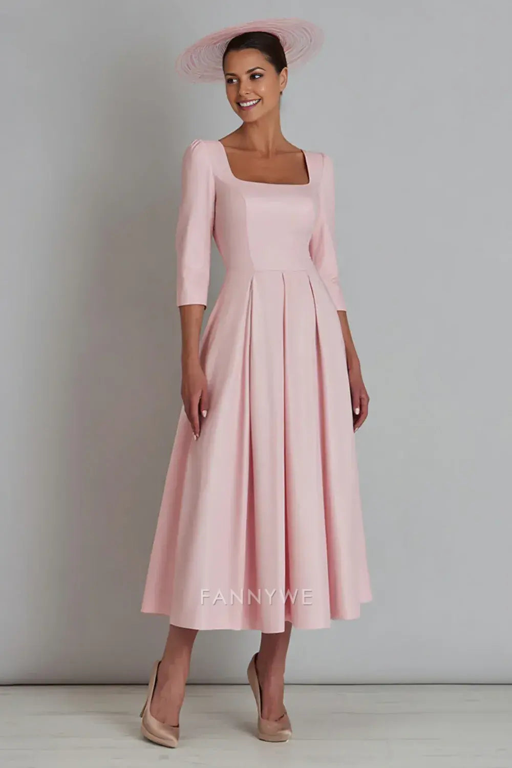 Elegant Square Neck 3/4 Sleeve Midi Dress with Open Back Mother of the Bride Dress