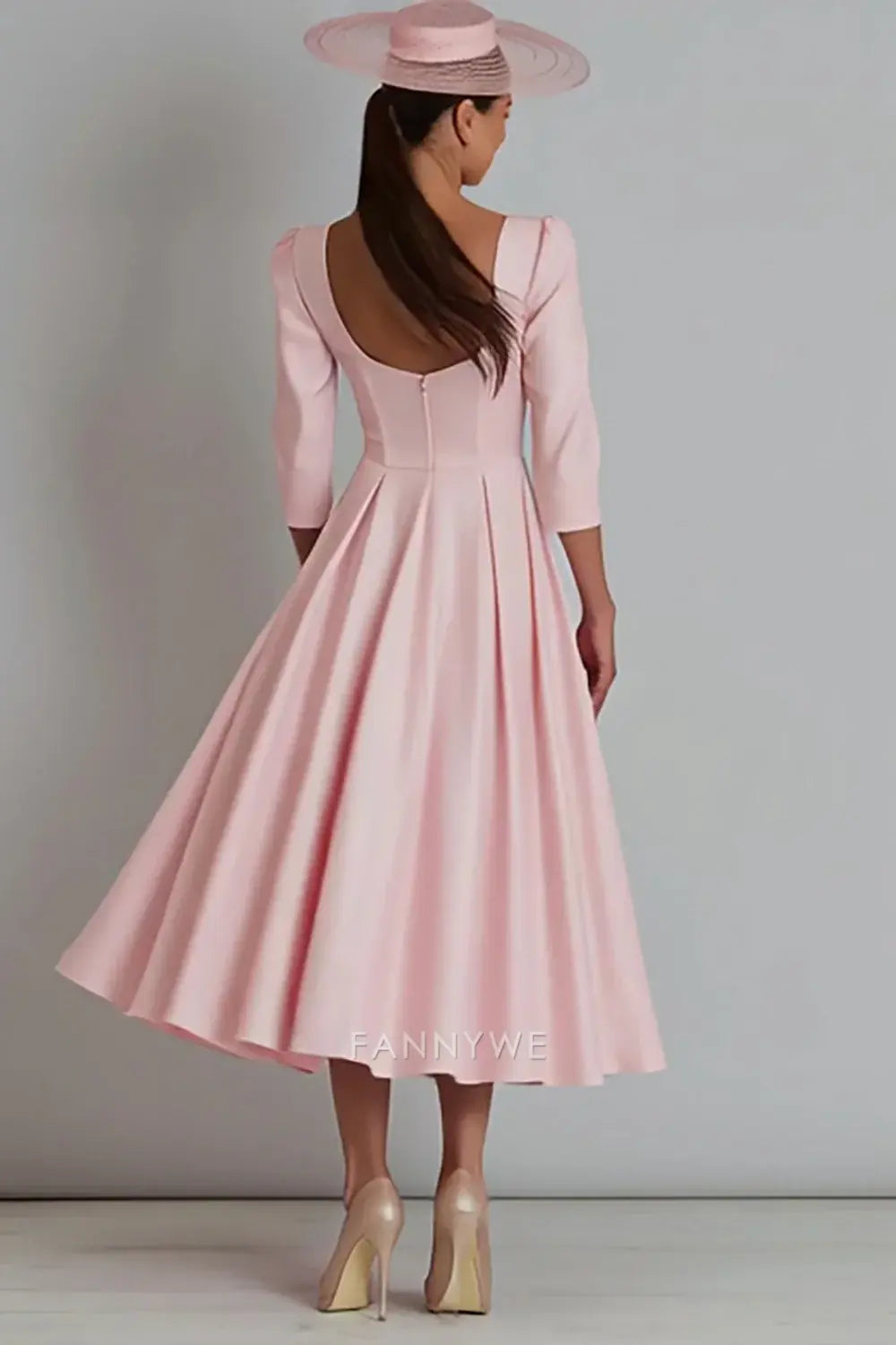 Elegant Square Neck 3/4 Sleeve Midi Dress with Open Back Mother of the Bride Dress