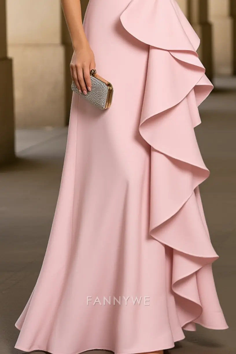 Elegant Strapless Ruffled Side Satin Mermaid Floor-Length Maxi Dress Mother of the Bride Dress