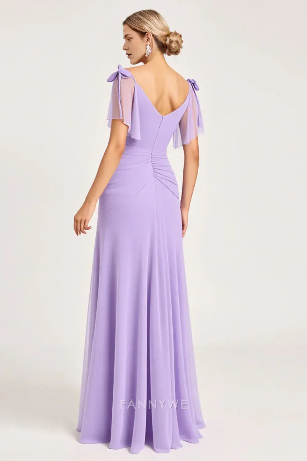 Elegant Tie-Shoulder Ruched High Slit Chiffon Maxi Dress Mother of the Bride Dress