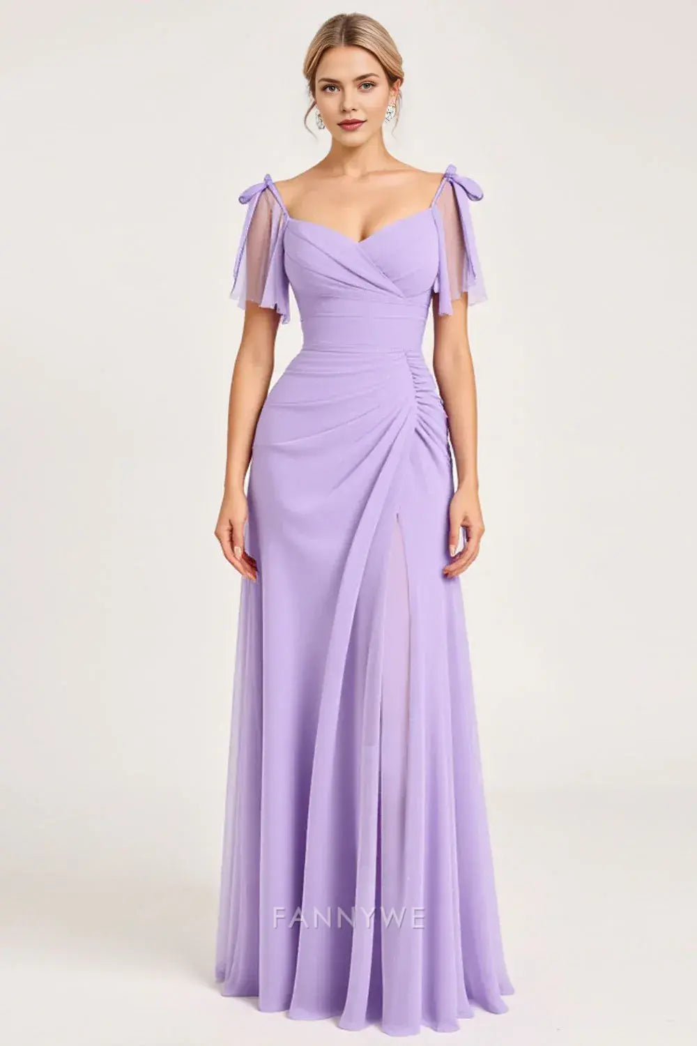 Elegant Tie-Shoulder Ruched High Slit Chiffon Maxi Dress Mother of the Bride Dress
