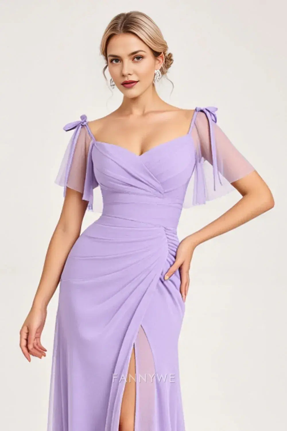 Elegant Tie-Shoulder Ruched High Slit Chiffon Maxi Dress Mother of the Bride Dress