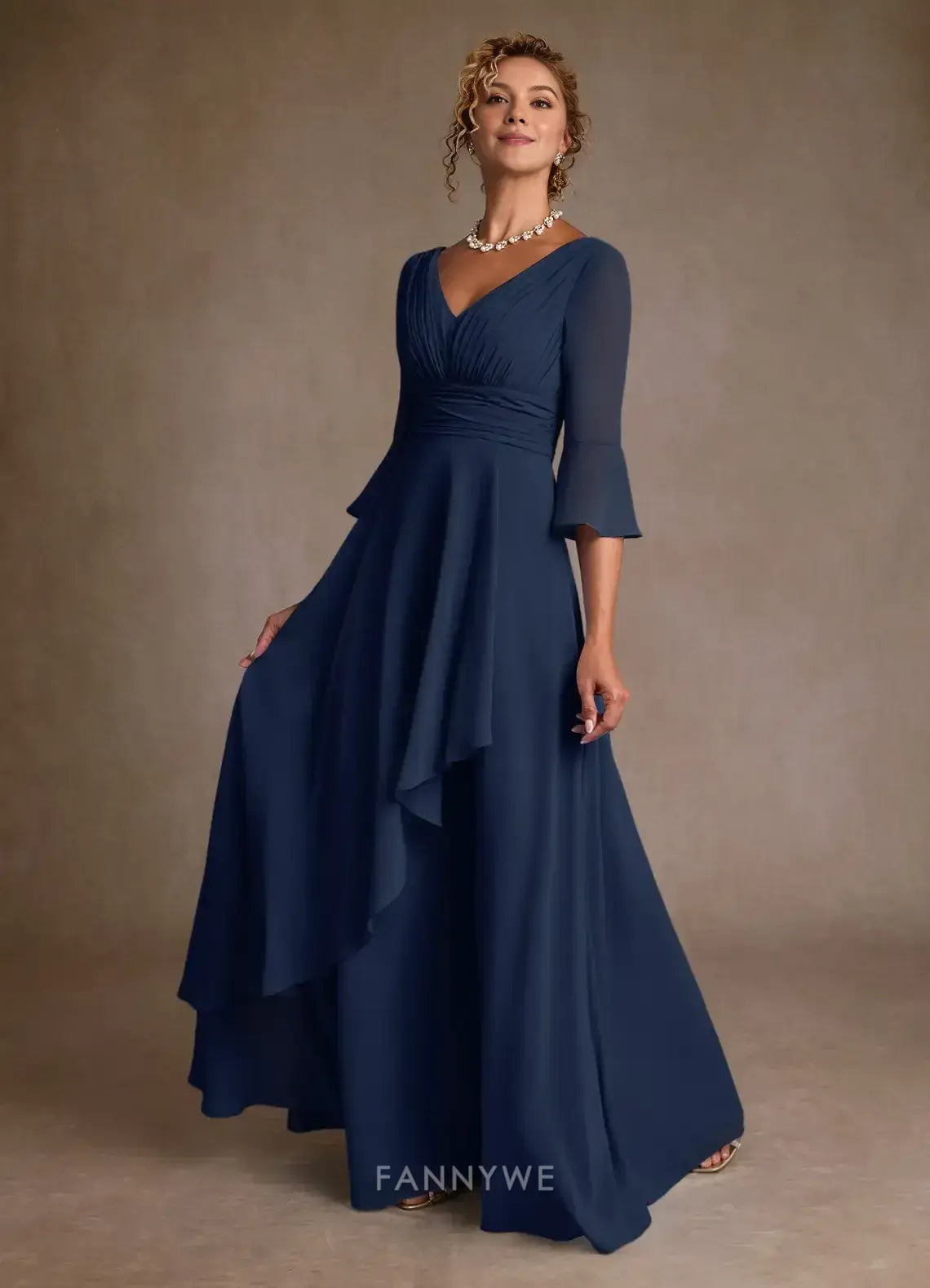 Elegant V-Neck Bell Sleeve Ruched Chiffon A-Line Maxi Dress with High Slit Mother of the Bride Dress