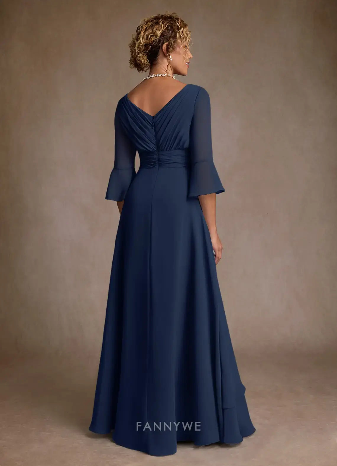 Elegant V-Neck Bell Sleeve Ruched Chiffon A-Line Maxi Dress with High Slit Mother of the Bride Dress