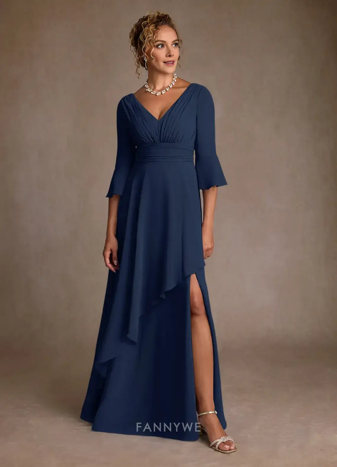 Elegant V-Neck Bell Sleeve Ruched Chiffon A-Line Maxi Dress with High Slit Mother of the Bride Dress