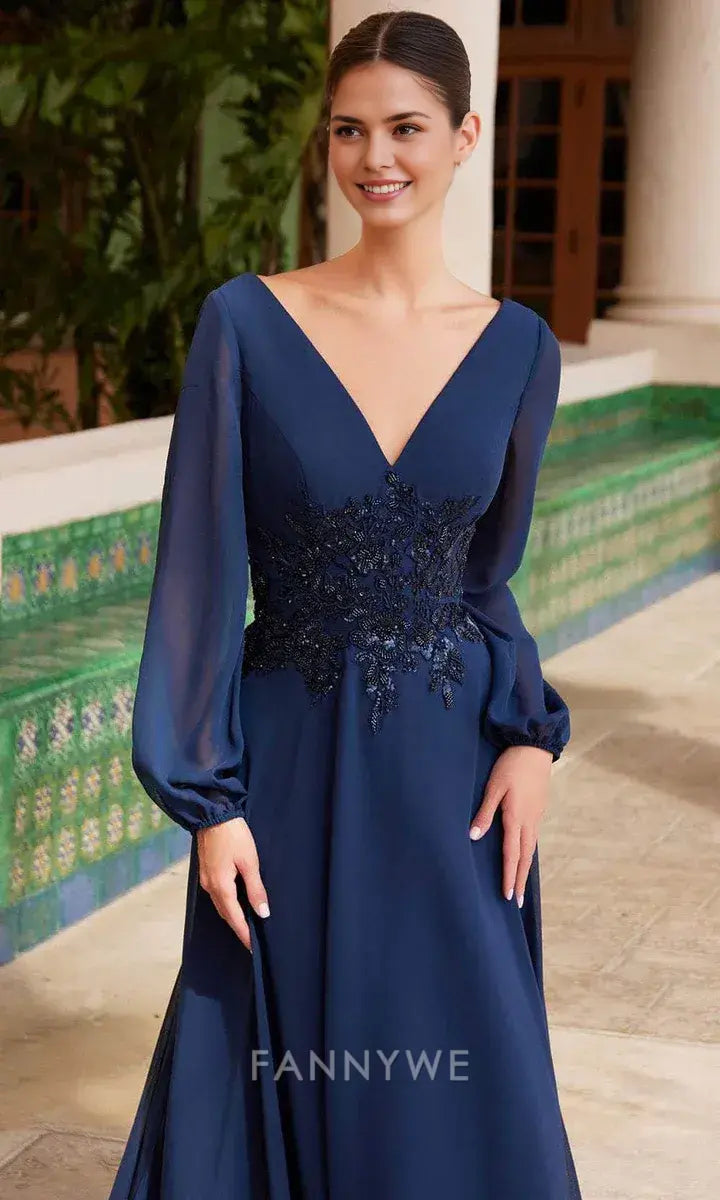 Elegant V-Neck Embellished Waist Mesh Sleeve A-Line Maxi Dress Mother of the Bride Dress