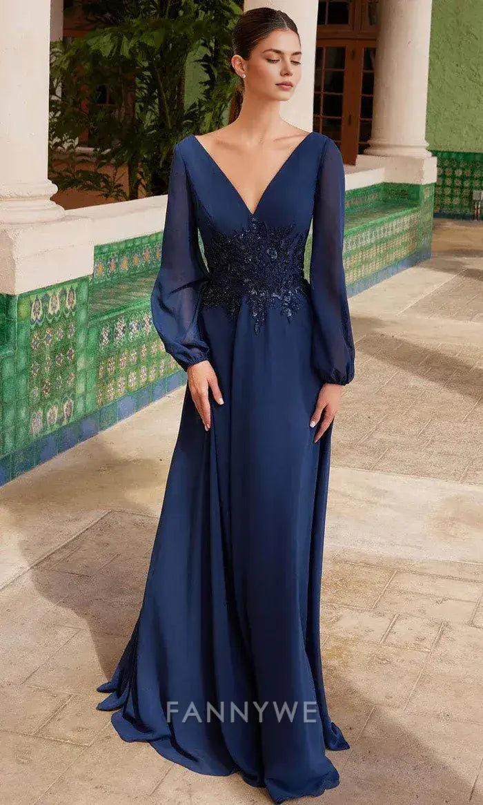 Elegant V-Neck Embellished Waist Mesh Sleeve A-Line Maxi Dress Mother of the Bride Dress