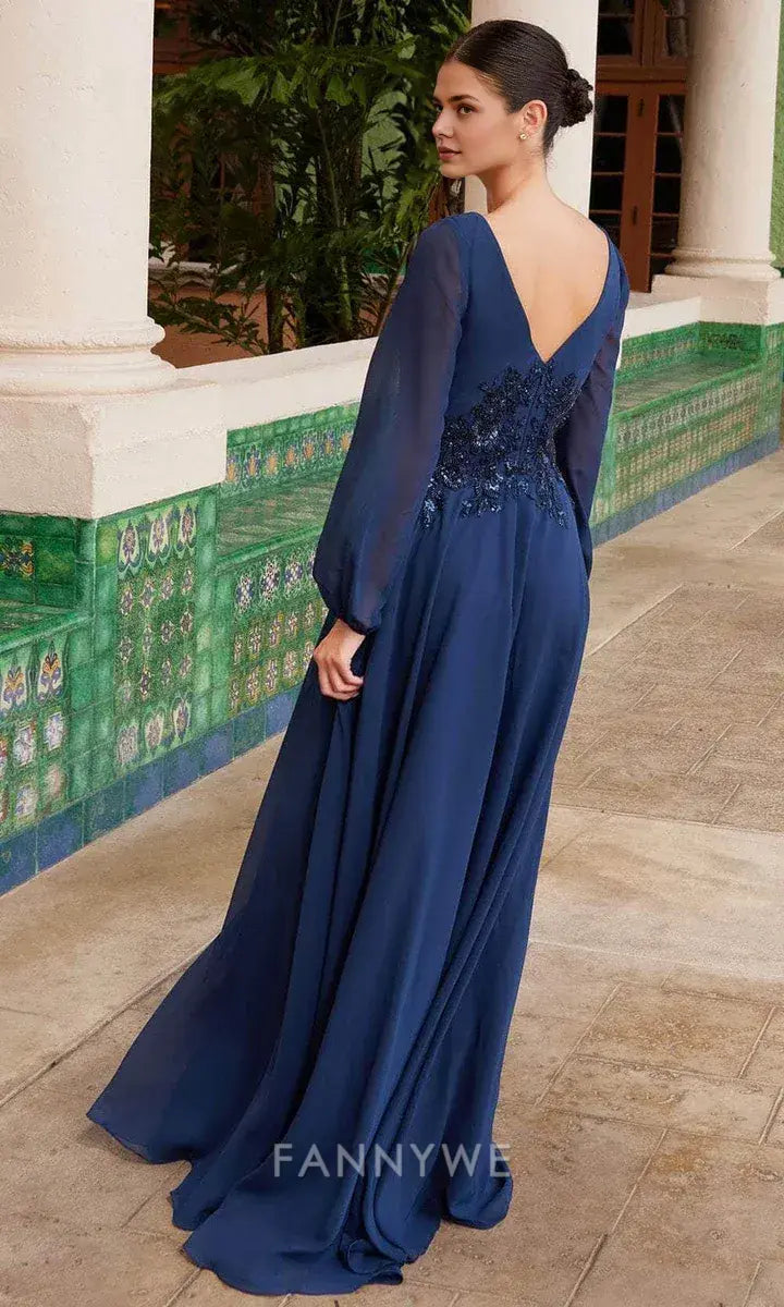 Elegant V-Neck Embellished Waist Mesh Sleeve A-Line Maxi Dress Mother of the Bride Dress