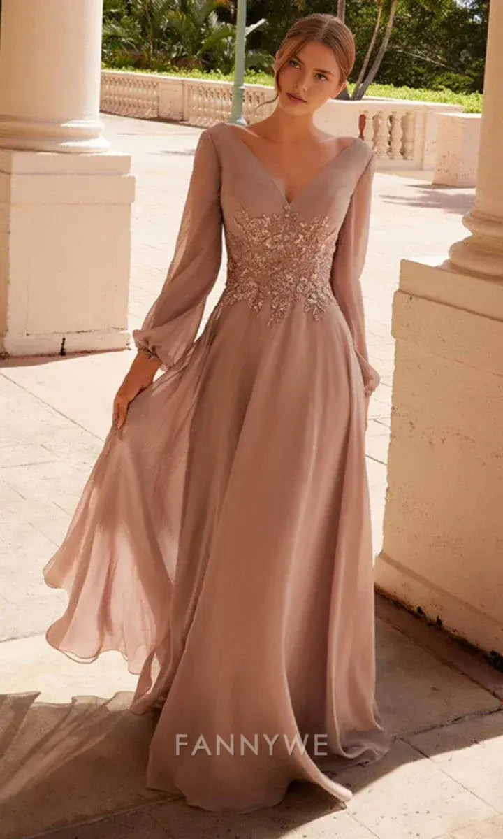 Elegant V-Neck Embellished Waist Mesh Sleeve A-Line Maxi Dress Mother of the Bride Dress