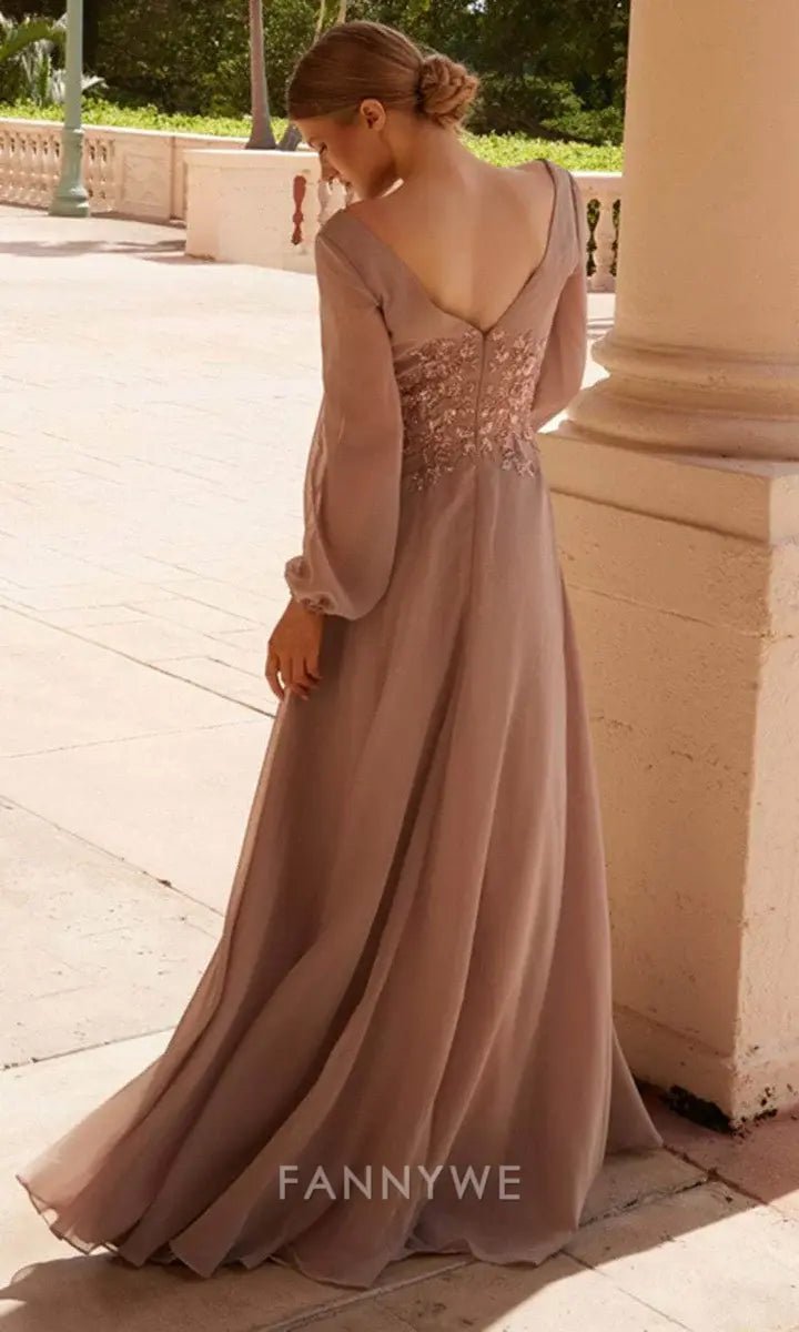 Elegant V-Neck Embellished Waist Mesh Sleeve A-Line Maxi Dress Mother of the Bride Dress