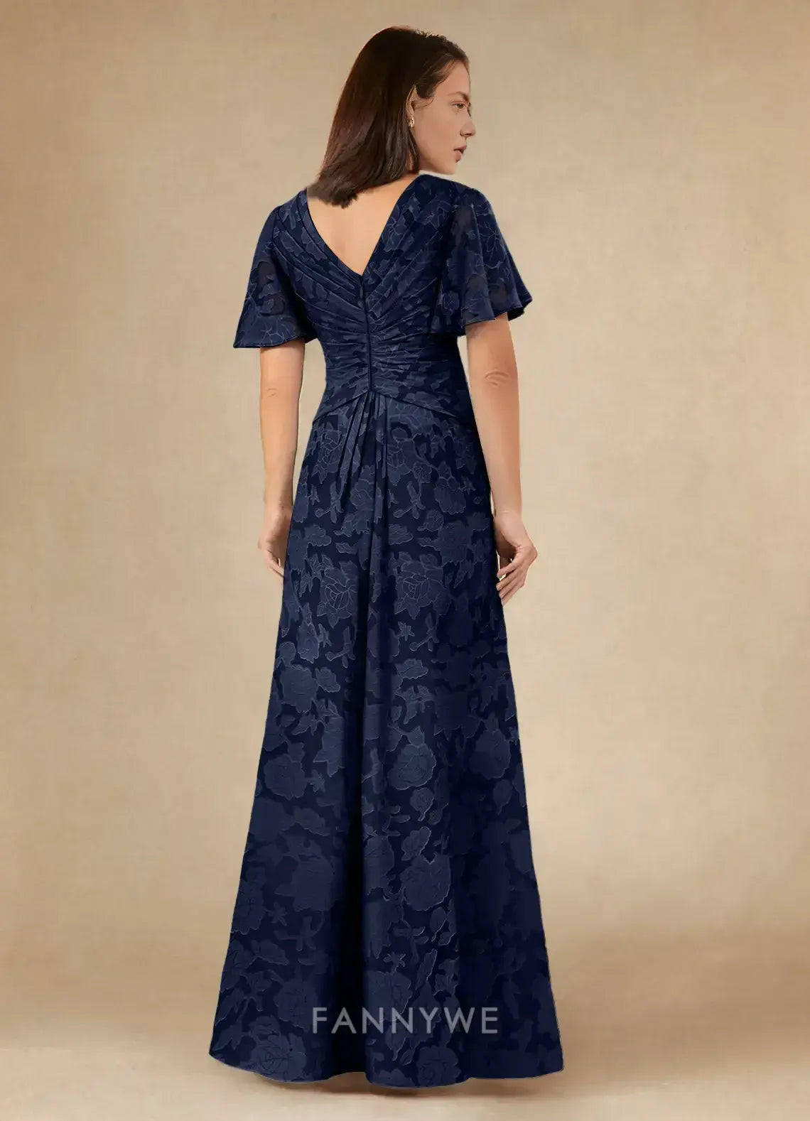 Elegant V - Neck Flutter Sleeve Floral Jacquard Maxi Dress Mother of the Bride Dress