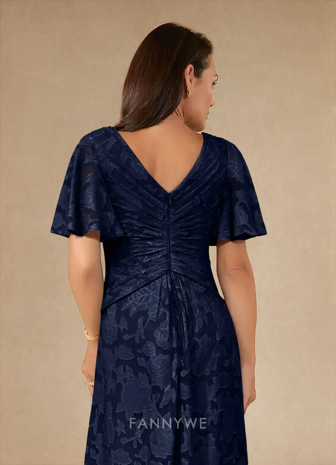 Elegant V - Neck Flutter Sleeve Floral Jacquard Maxi Dress Mother of the Bride Dress