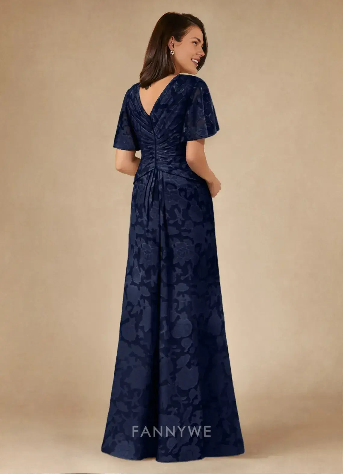Elegant V - Neck Flutter Sleeve Floral Jacquard Maxi Dress Mother of the Bride Dress