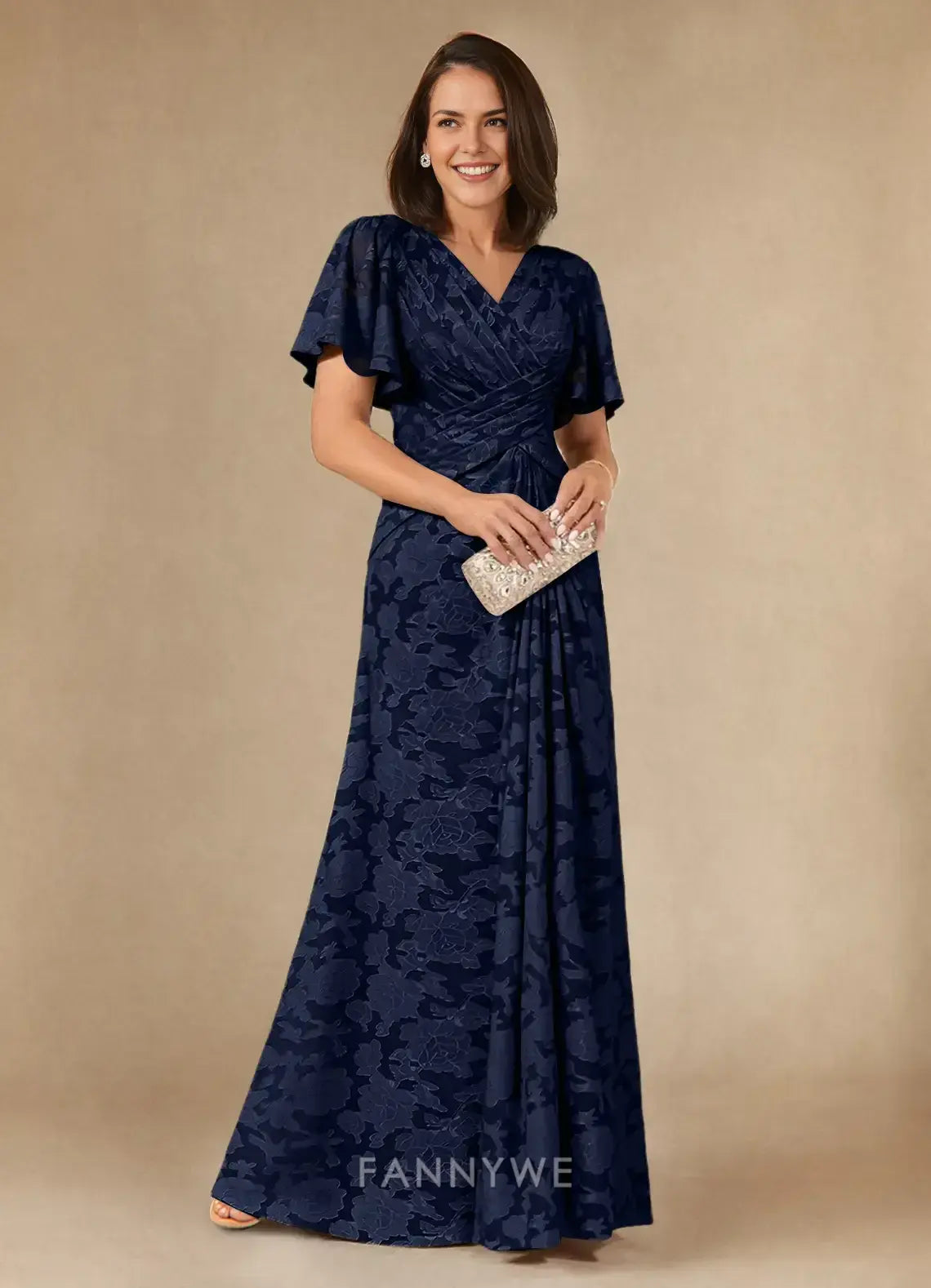 Elegant V - Neck Flutter Sleeve Floral Jacquard Maxi Dress Mother of the Bride Dress