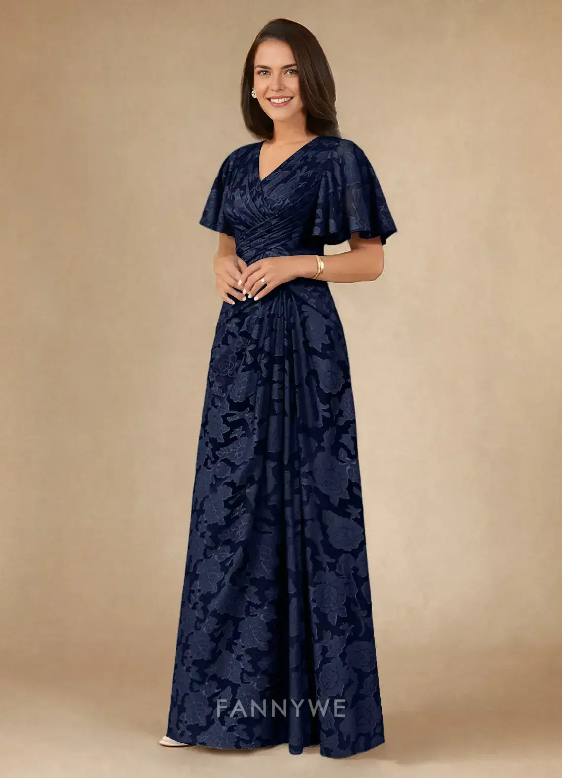 Elegant V - Neck Flutter Sleeve Floral Jacquard Maxi Dress Mother of the Bride Dress