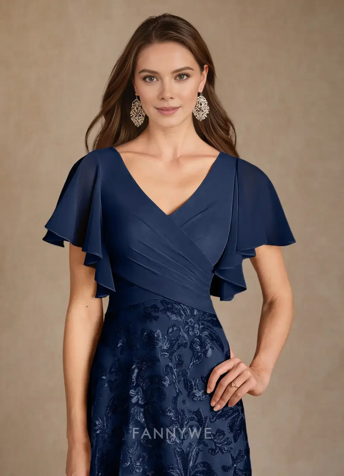 Elegant V-Neck Ruffled Sleeve Floral Brocade A-Line Maxi Dress Mother of the Bride Dress