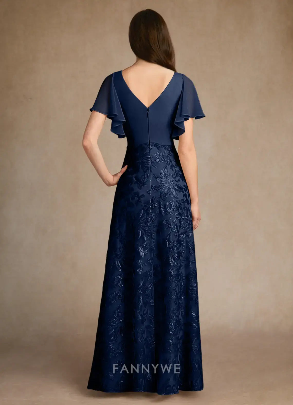 Elegant V-Neck Ruffled Sleeve Floral Brocade A-Line Maxi Dress Mother of the Bride Dress