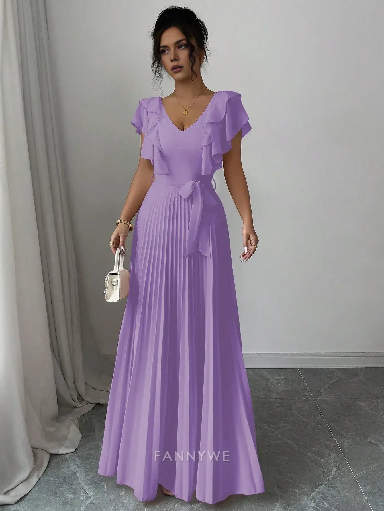 Elegant V-Neck Ruffled Sleeve Pleated A-Line Maxi Dress Mother of the Bride Dress