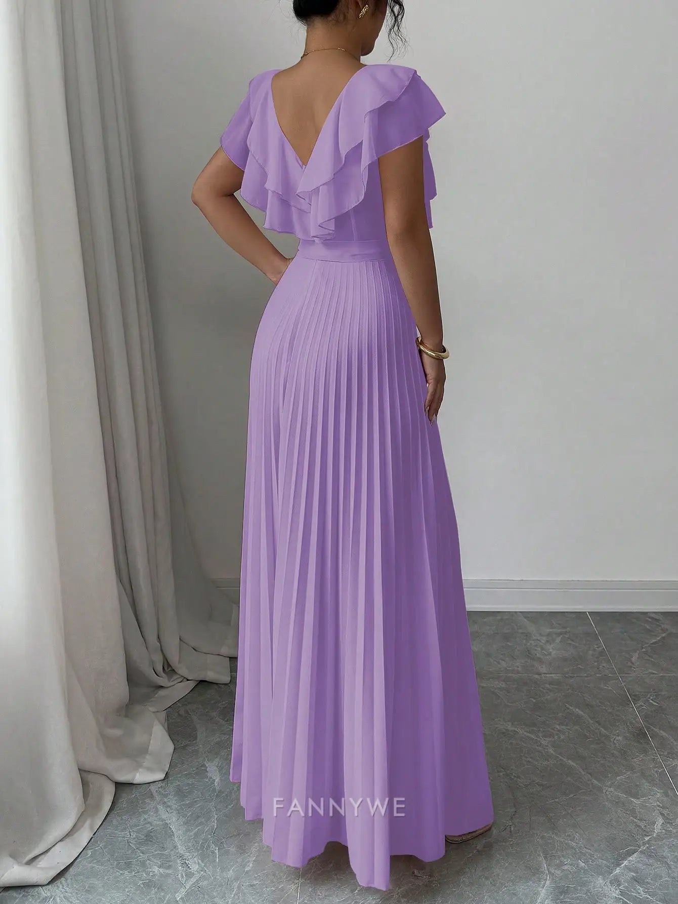 Elegant V-Neck Ruffled Sleeve Pleated A-Line Maxi Dress Mother of the Bride Dress