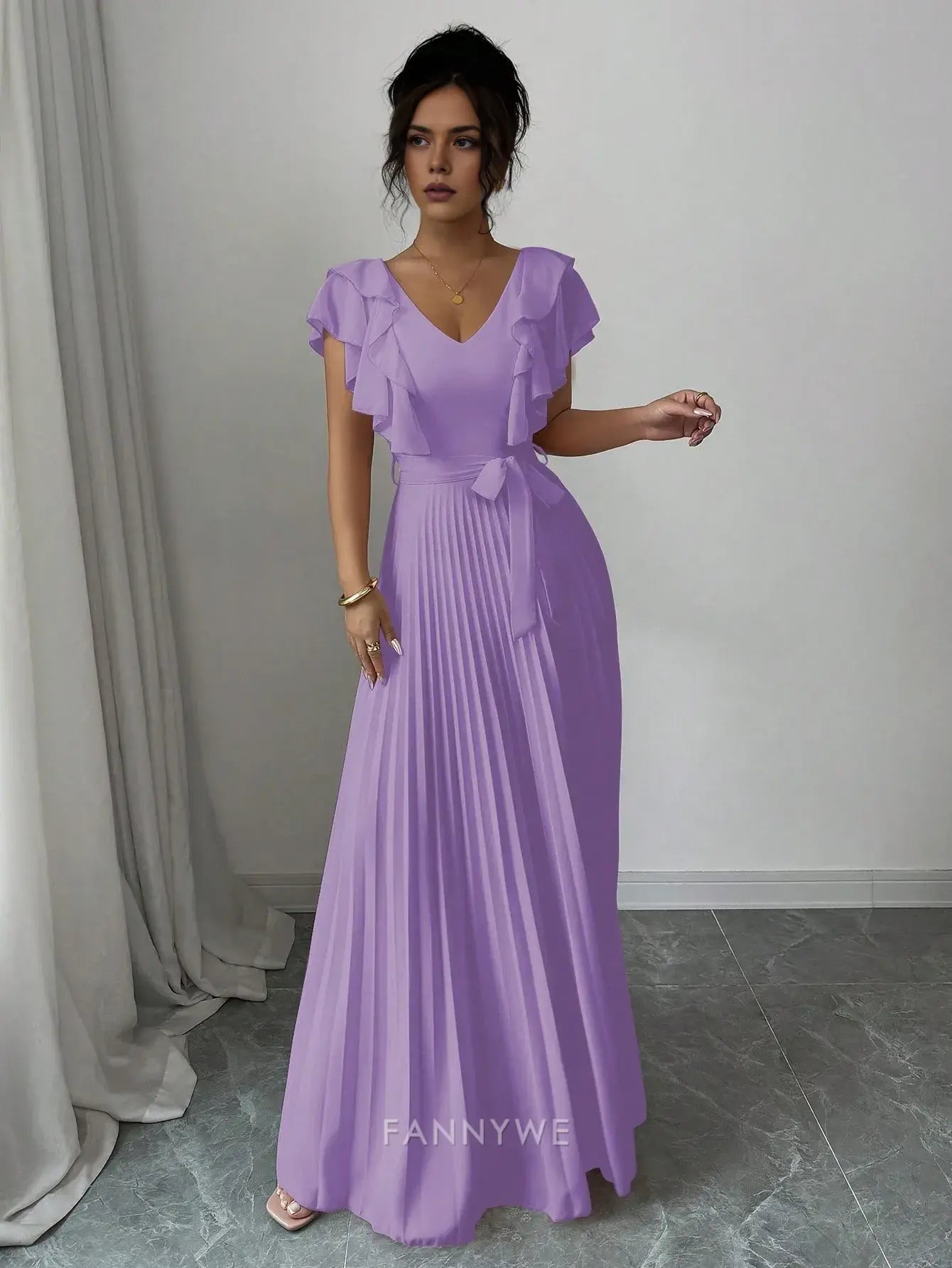 Elegant V-Neck Ruffled Sleeve Pleated A-Line Maxi Dress Mother of the Bride Dress
