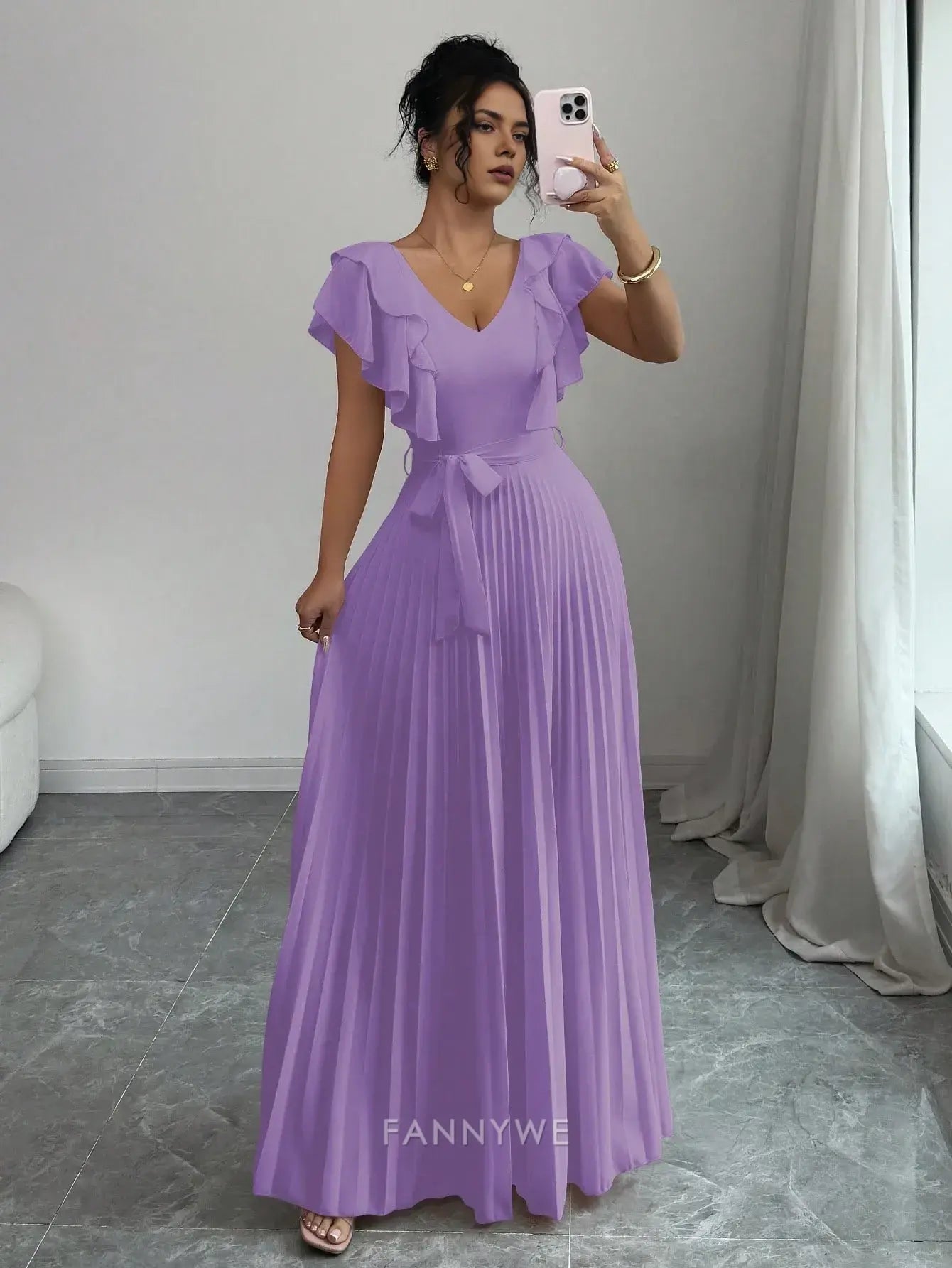 Elegant V-Neck Ruffled Sleeve Pleated A-Line Maxi Dress Mother of the Bride Dress