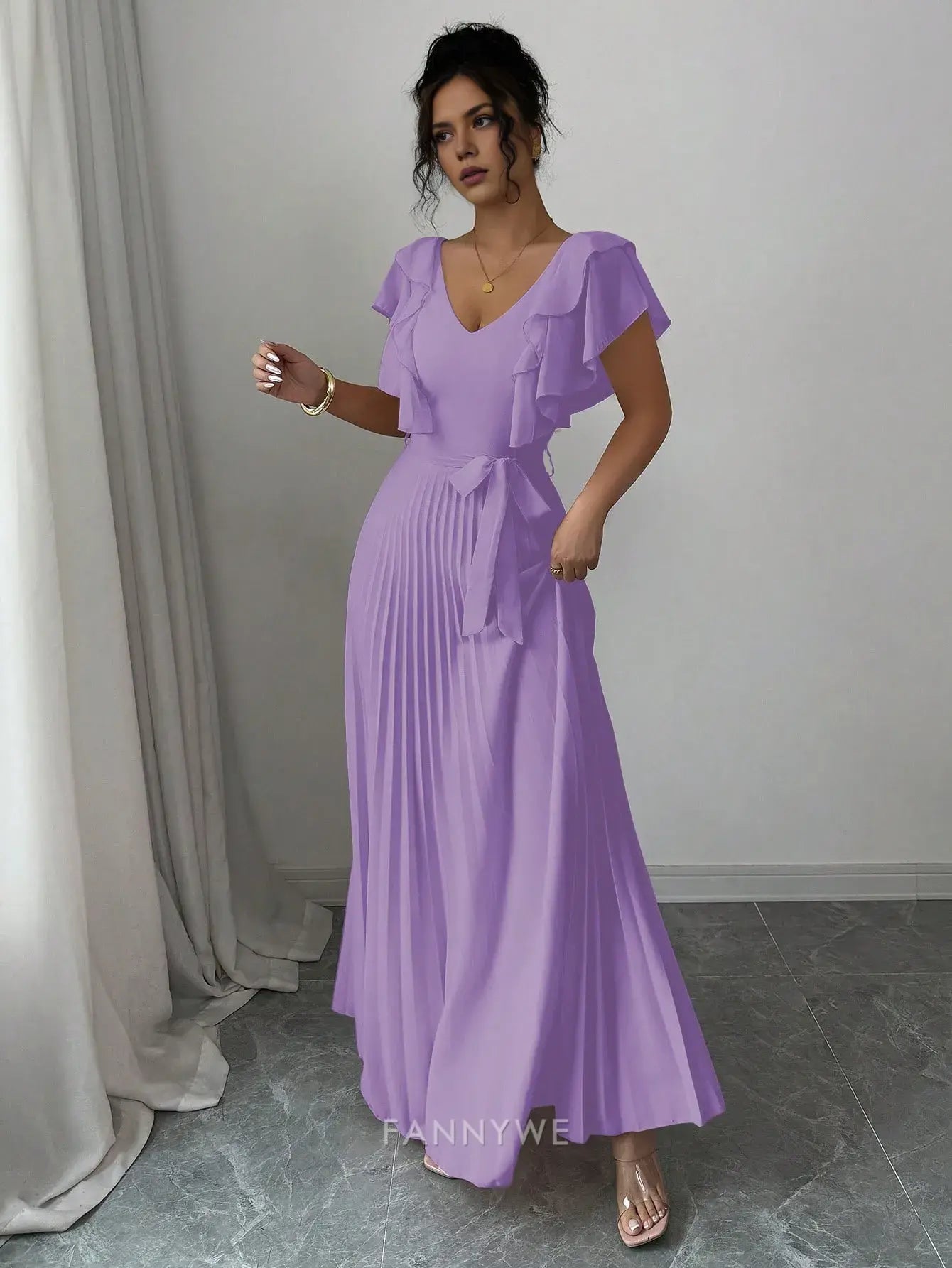 Elegant V-Neck Ruffled Sleeve Pleated A-Line Maxi Dress Mother of the Bride Dress