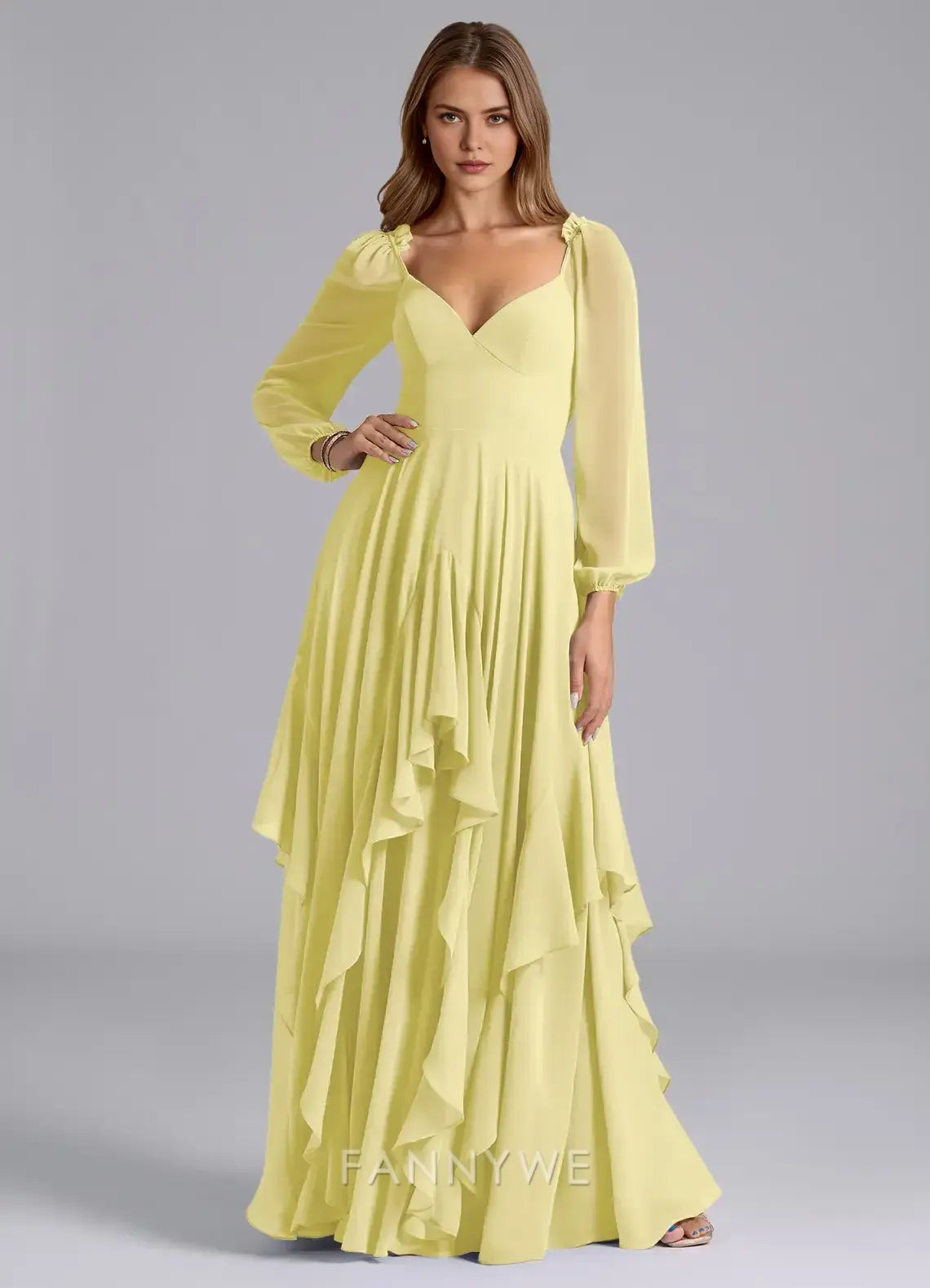 Elegant V-Neck Ruffled Tiered Mesh Sleeve A-Line Maxi Dress Mother of the Bride Dress