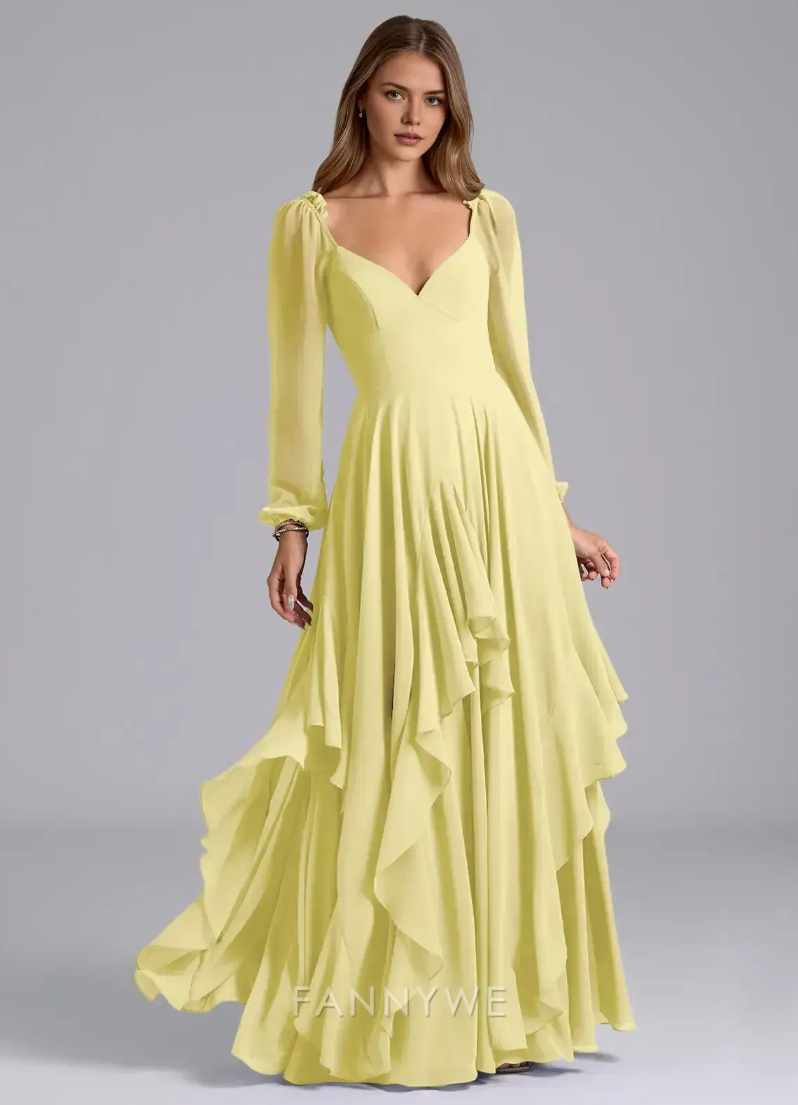 Elegant V-Neck Ruffled Tiered Mesh Sleeve A-Line Maxi Dress Mother of the Bride Dress