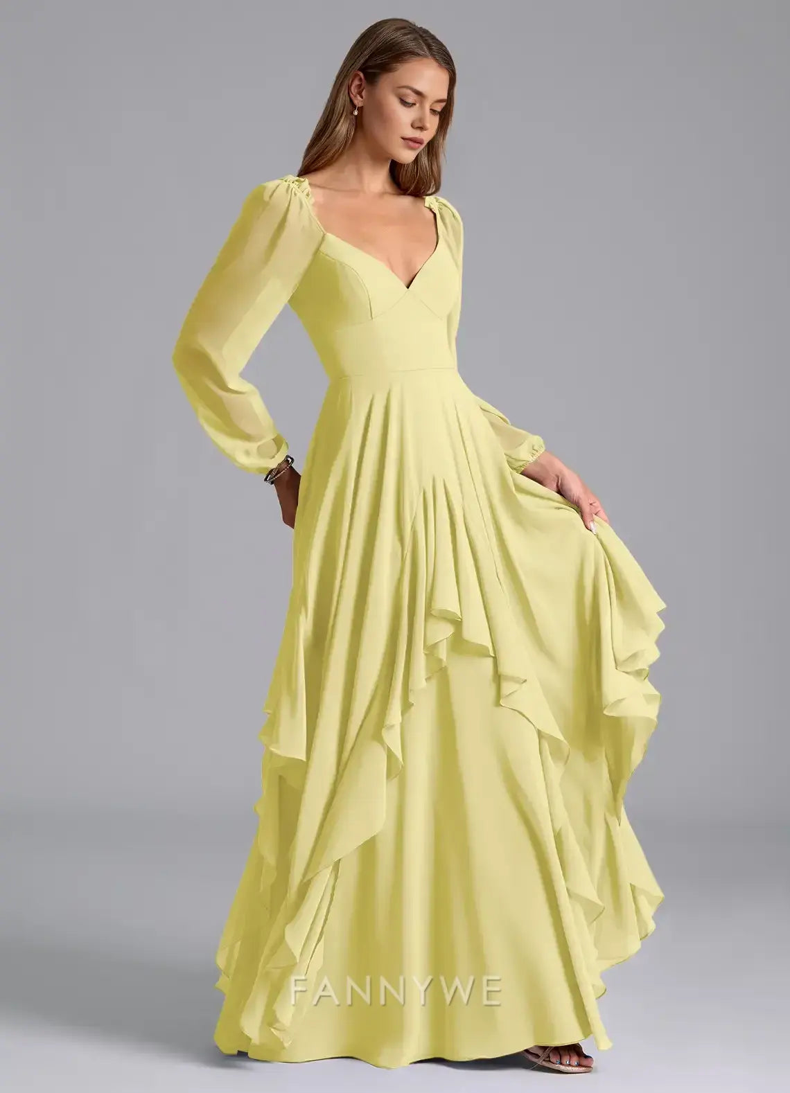 Elegant V-Neck Ruffled Tiered Mesh Sleeve A-Line Maxi Dress Mother of the Bride Dress
