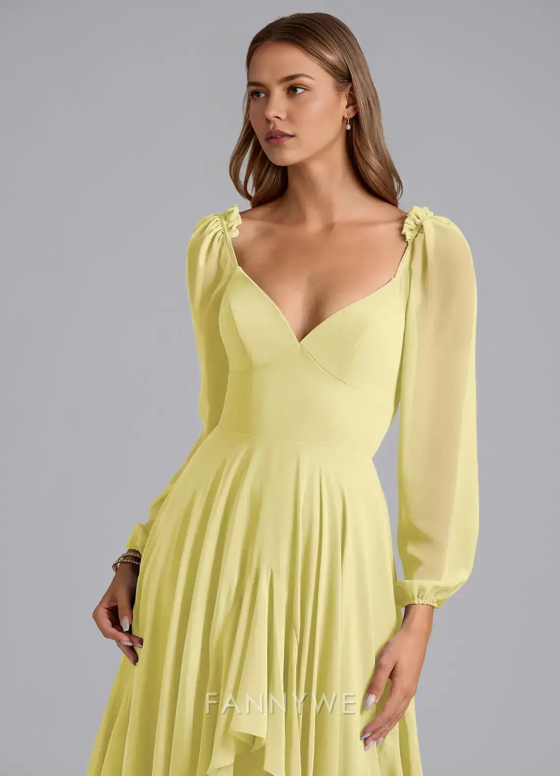 Elegant V-Neck Ruffled Tiered Mesh Sleeve A-Line Maxi Dress Mother of the Bride Dress