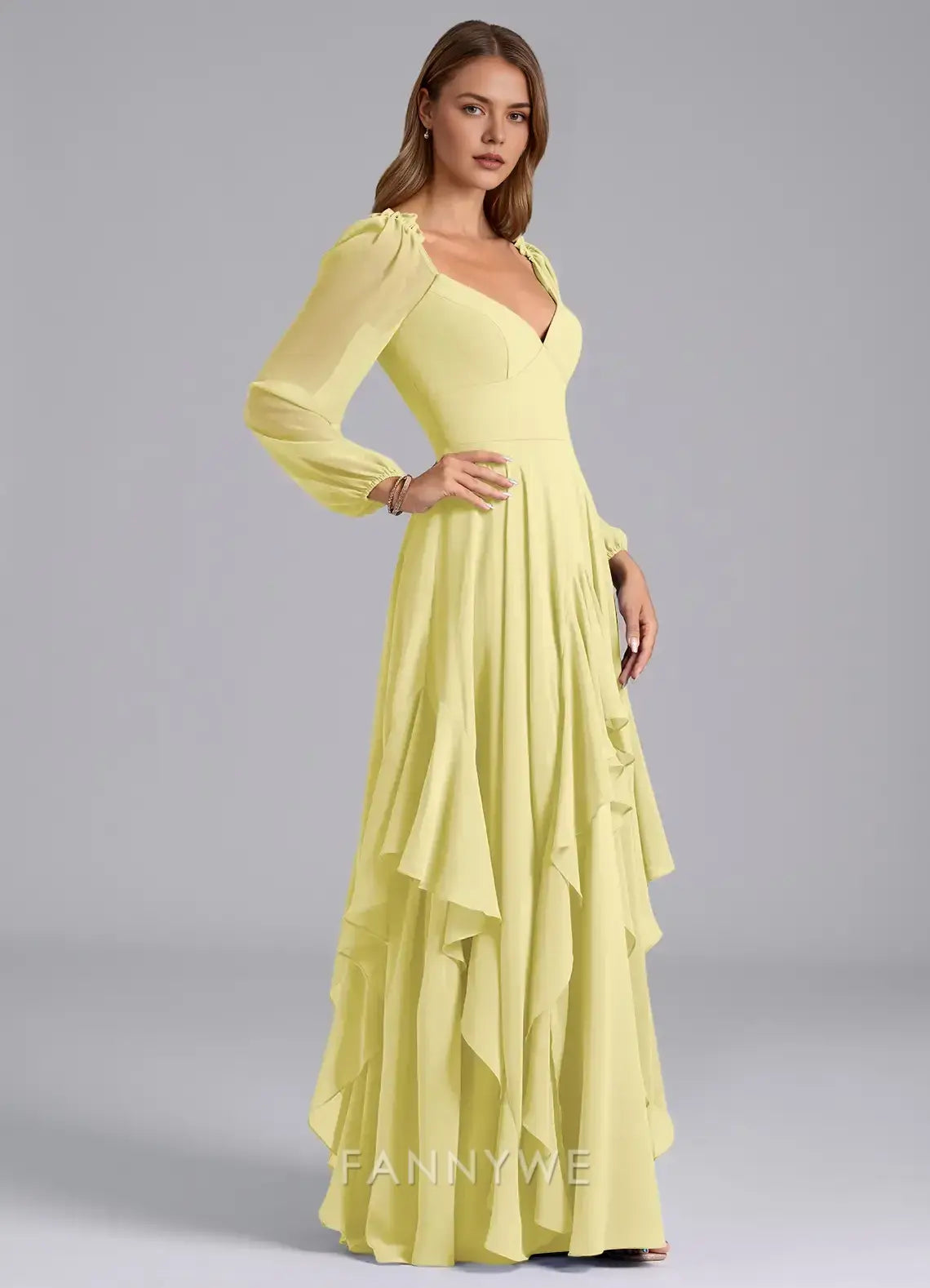 Elegant V-Neck Ruffled Tiered Mesh Sleeve A-Line Maxi Dress Mother of the Bride Dress