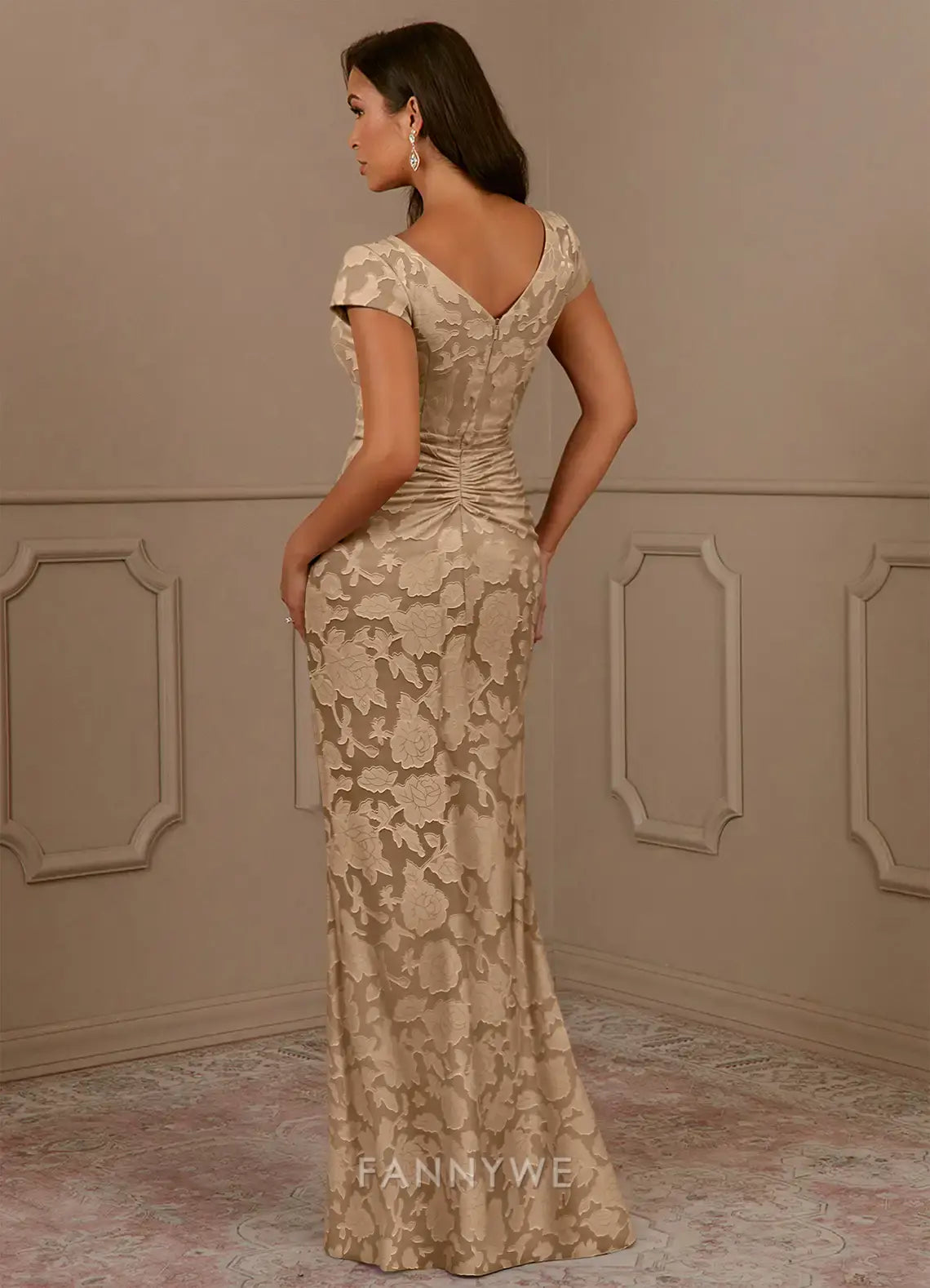 Elegant V-Neck Short Sleeve Ruched Floral Brocade Side Slit Mermaid Maxi Dress Mother of the Bride Dress