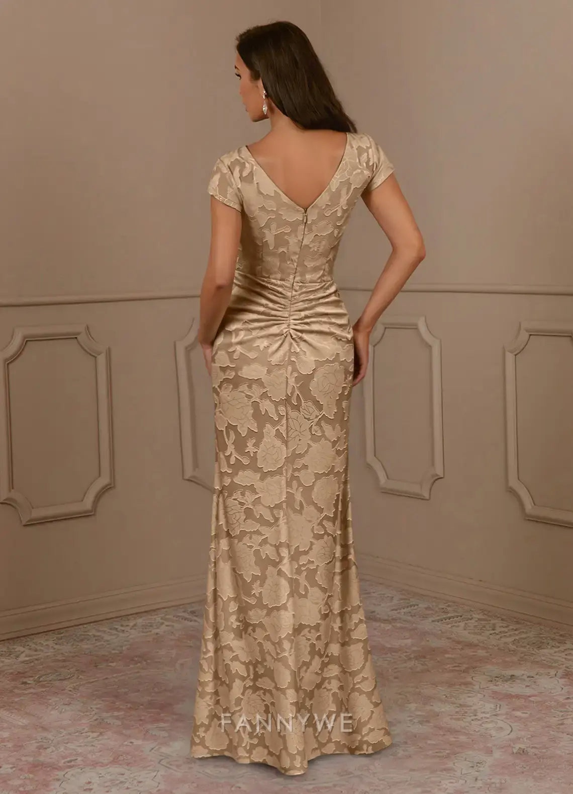 Elegant V-Neck Short Sleeve Ruched Floral Brocade Side Slit Mermaid Maxi Dress Mother of the Bride Dress