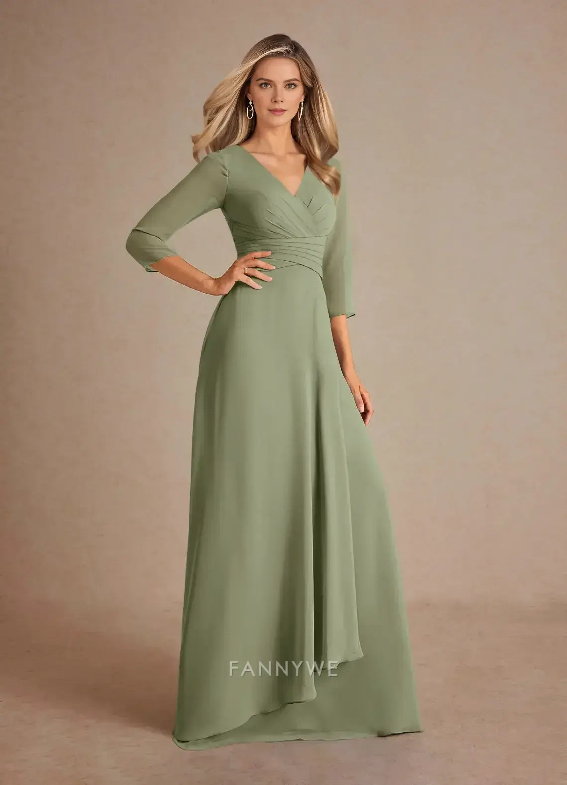 Elegant V-Neck Three-Quarter Sleeve Ruched Chiffon A-Line Maxi Dress Mother of the Bride Dress