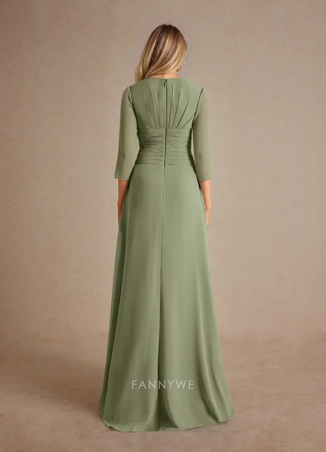 Elegant V-Neck Three-Quarter Sleeve Ruched Chiffon A-Line Maxi Dress Mother of the Bride Dress