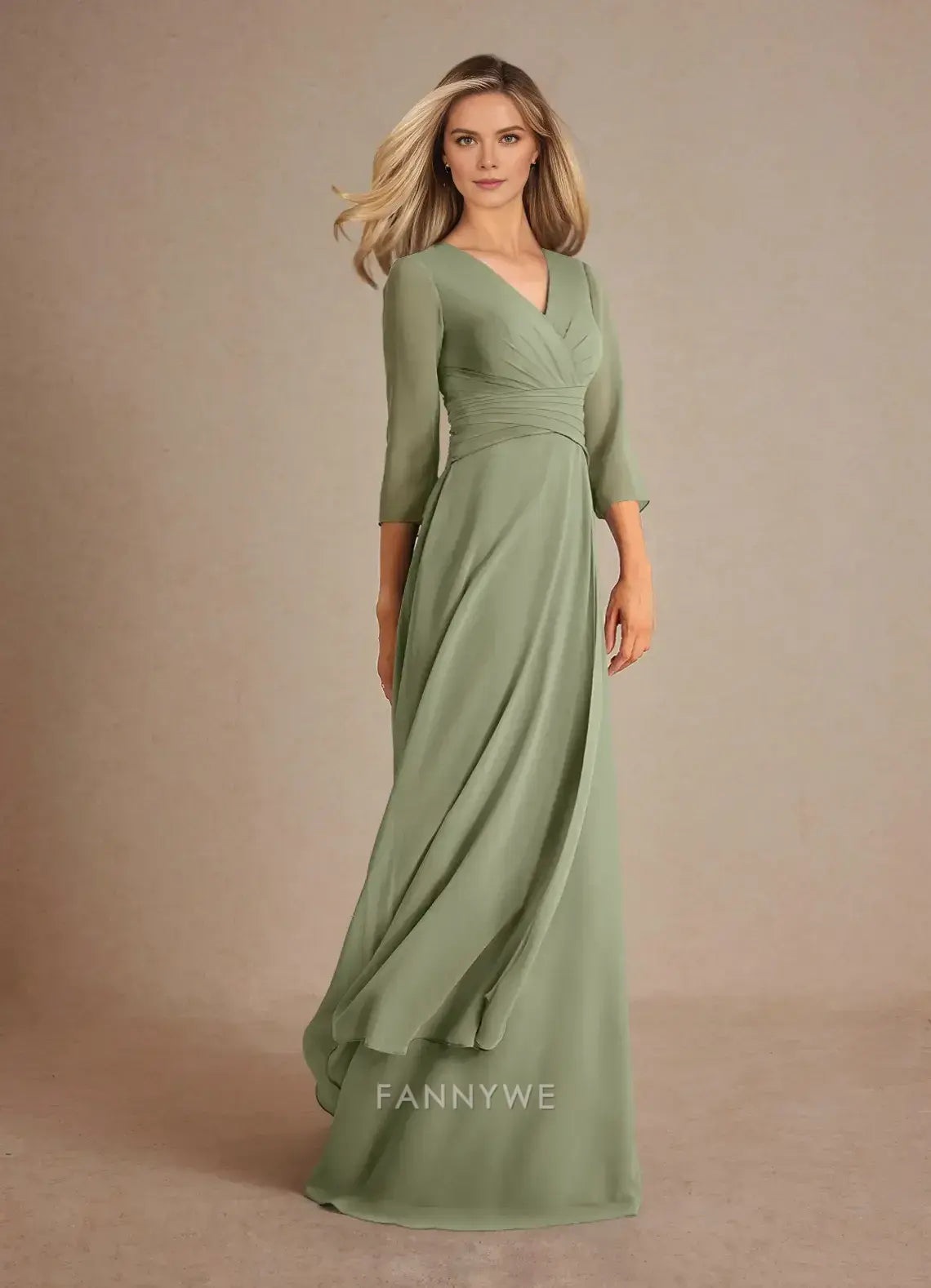 Elegant V-Neck Three-Quarter Sleeve Ruched Chiffon A-Line Maxi Dress Mother of the Bride Dress