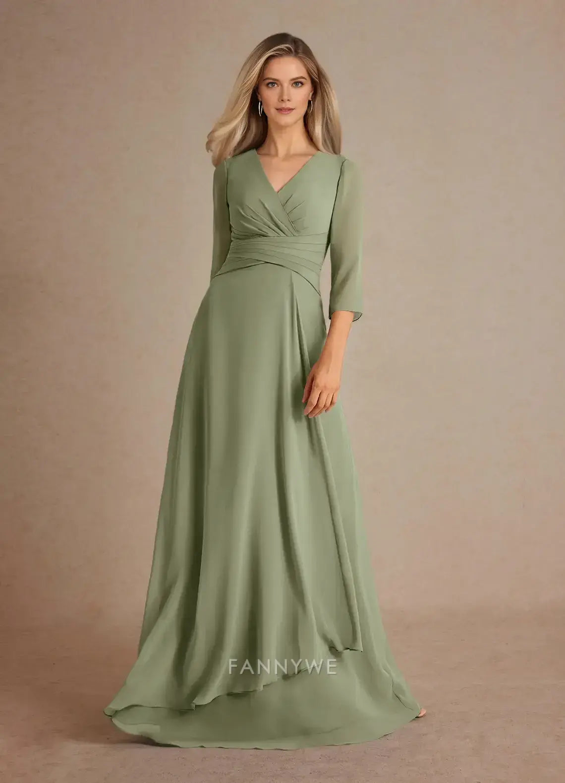 Elegant V-Neck Three-Quarter Sleeve Ruched Chiffon A-Line Maxi Dress Mother of the Bride Dress