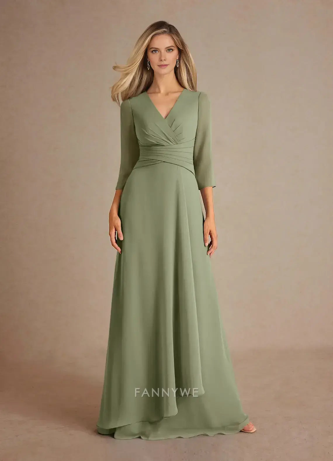 Elegant V-Neck Three-Quarter Sleeve Ruched Chiffon A-Line Maxi Dress Mother of the Bride Dress