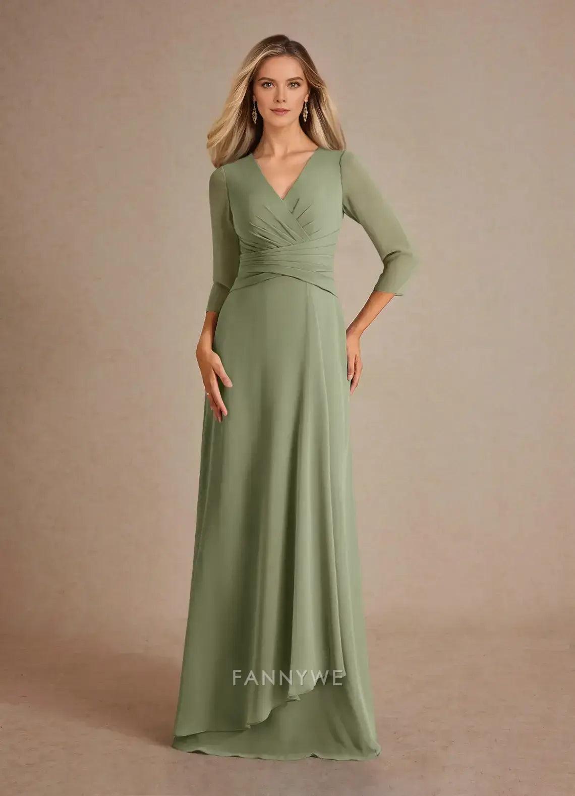 Elegant V-Neck Three-Quarter Sleeve Ruched Chiffon A-Line Maxi Dress Mother of the Bride Dress