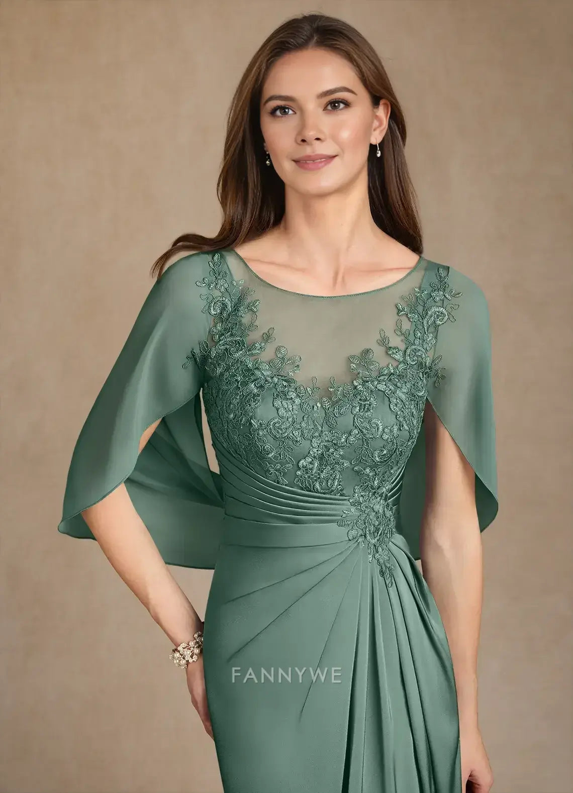 Elegant Women's A-Line Embroidered Cape Sleeve Lace Satin Side Slit Maxi Dress Mother of the Bride Dress