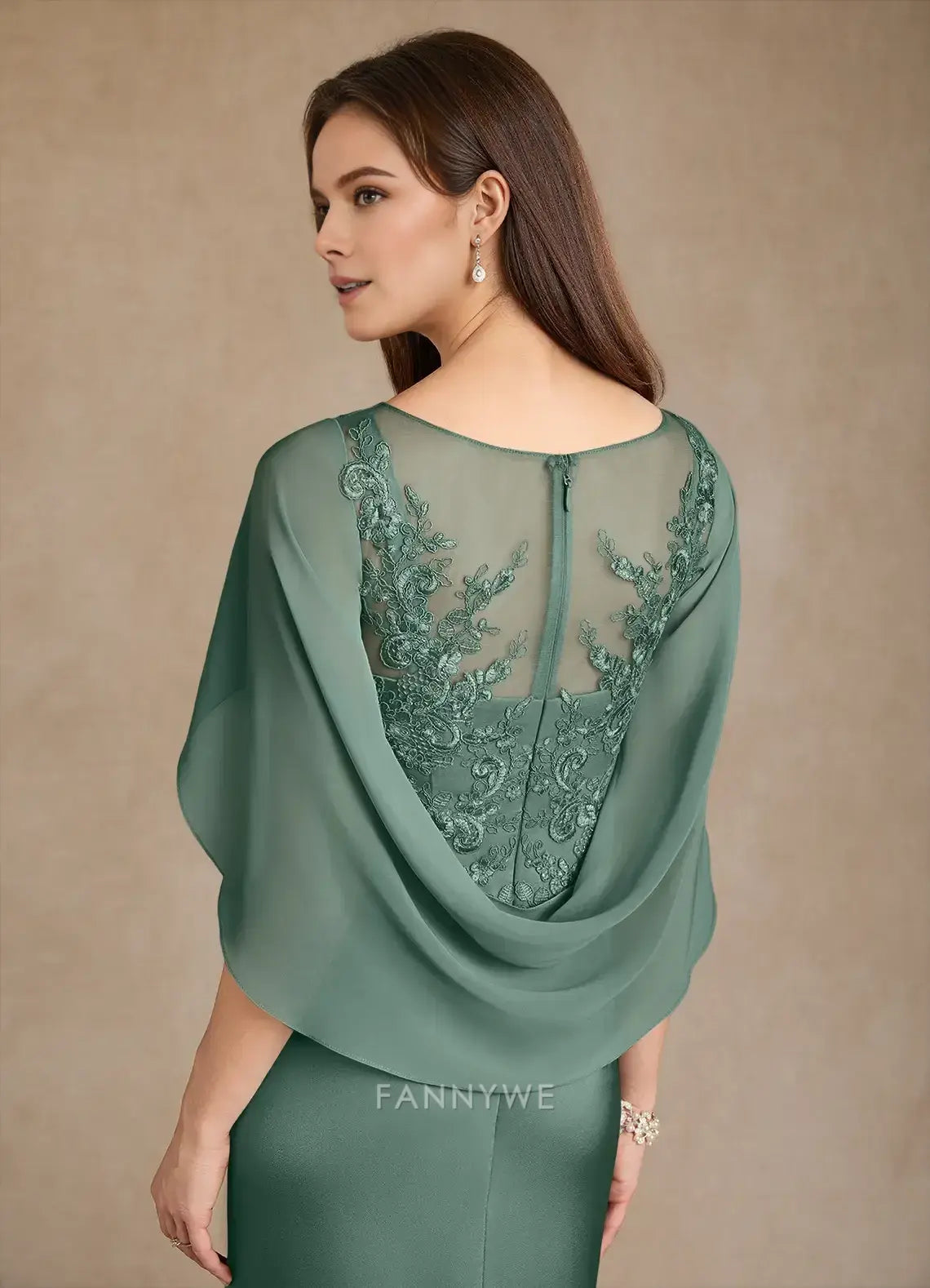 Elegant Women's A-Line Embroidered Cape Sleeve Lace Satin Side Slit Maxi Dress Mother of the Bride Dress