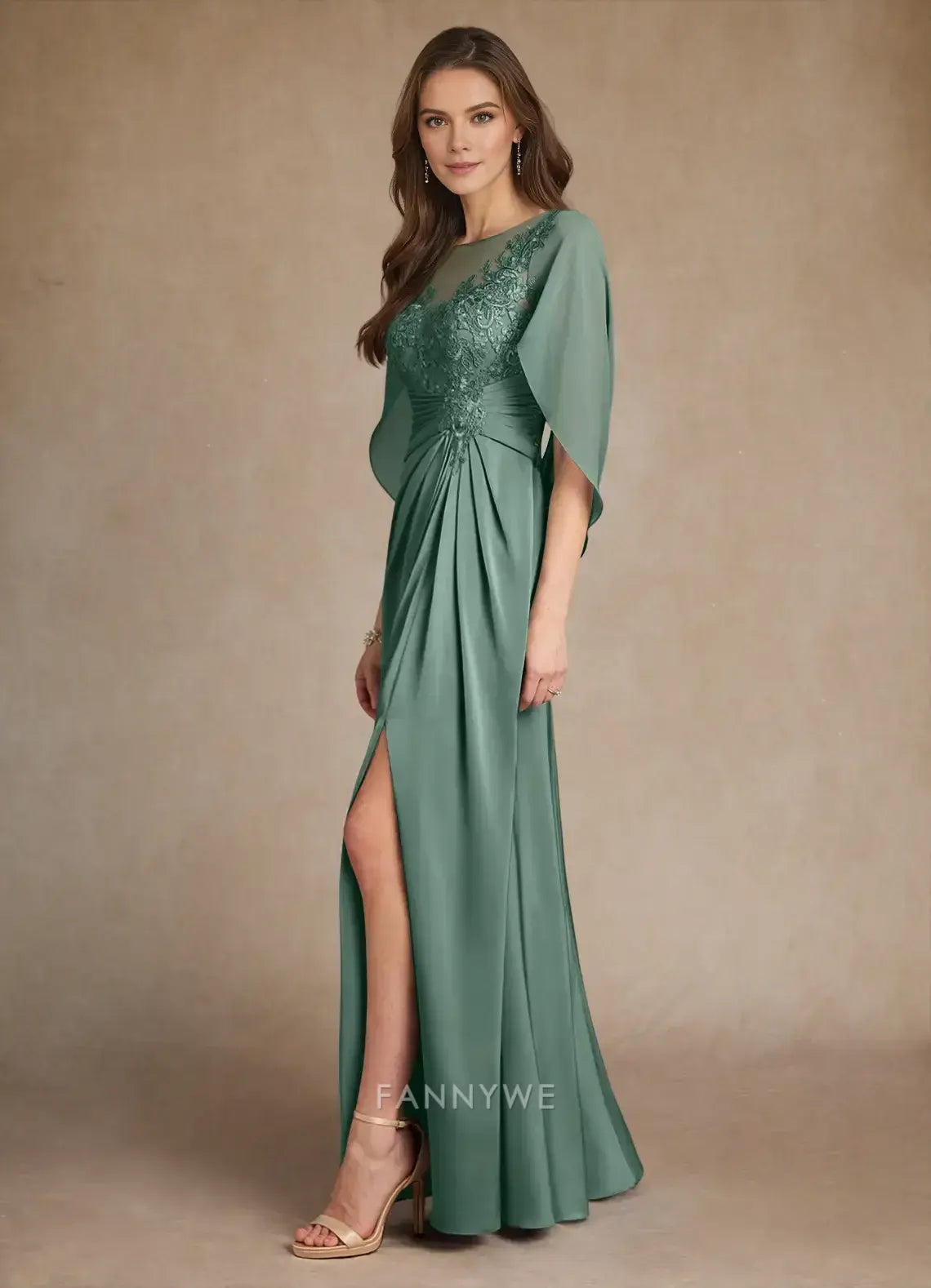 Elegant Women's A-Line Embroidered Cape Sleeve Lace Satin Side Slit Maxi Dress Mother of the Bride Dress