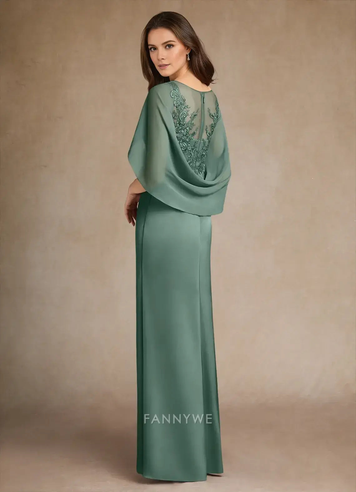 Elegant Women's A-Line Embroidered Cape Sleeve Lace Satin Side Slit Maxi Dress Mother of the Bride Dress