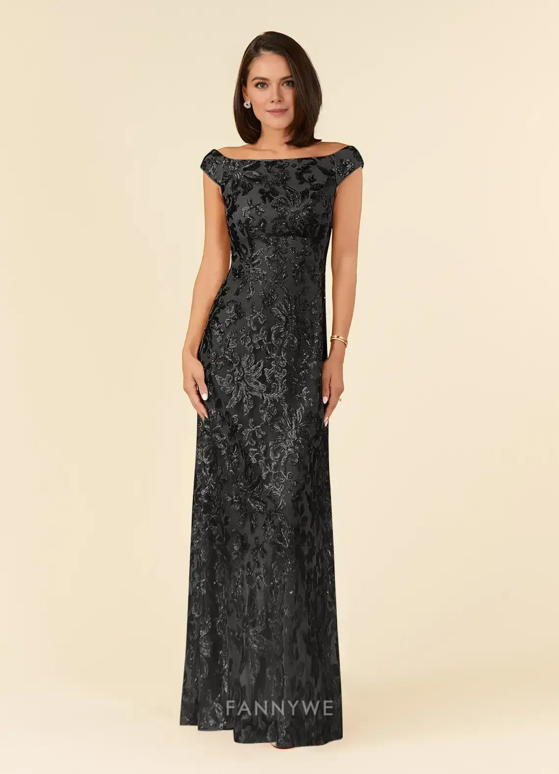 Elegant Women's A-Line Off - Shoulder Floral Lace Sequin Maxi Dress Mother of the Bride Dress