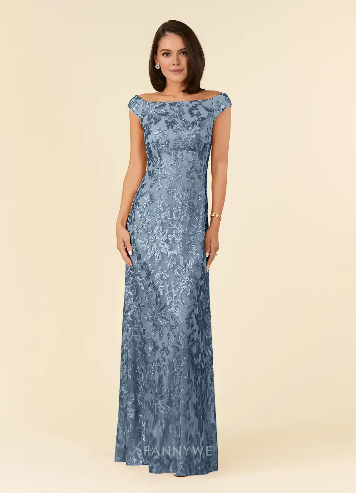 Elegant Women's A-Line Off - Shoulder Floral Lace Sequin Maxi Dress Mother of the Bride Dress