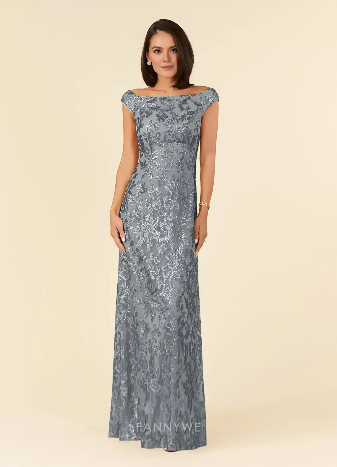 Elegant Women's A-Line Off - Shoulder Floral Lace Sequin Maxi Dress Mother of the Bride Dress