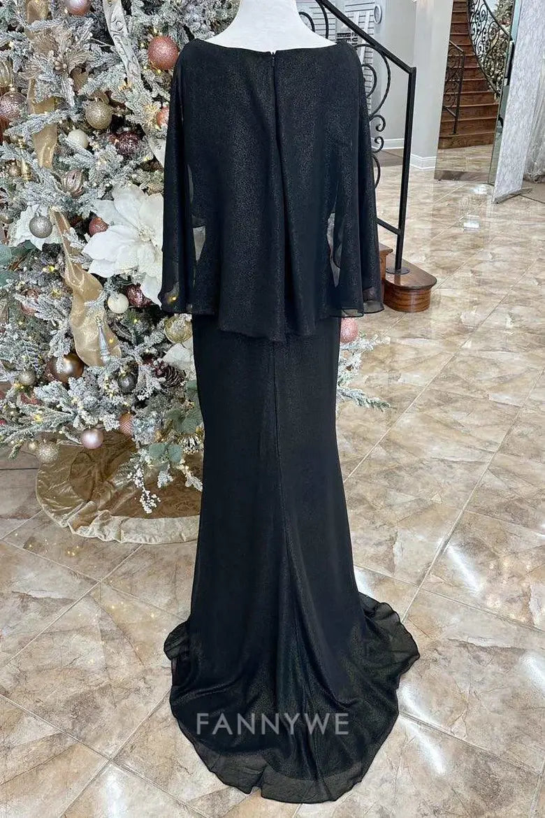Elegant Women's Cape Sleeve Embellished Waist Maxi Dress Mother of the Bride Dress
